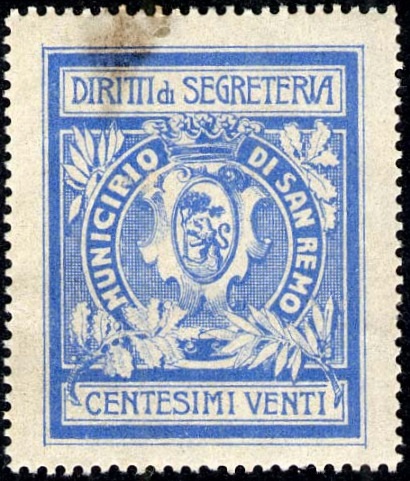 Marca da Bollo del Comune di SANREMO su Carta Bianca Sottile di dimensioni 22 x 28 mm