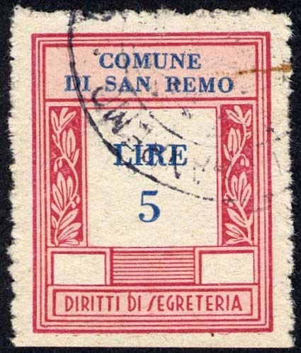 Marca da Bollo del Comune di SANREMO su Carta Bianca di dimensioni 23 x 29,5 mm