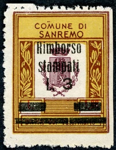 Marca da Bollo del Comune di SANREMO su Carta Bianca di dimensioni 23 x 29,5 mm