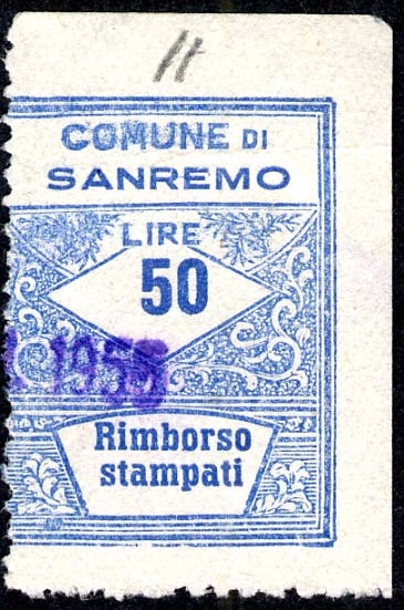 Marca da Bollo del Comune di SANREMO su Carta Bianca Sottile di dimensioni 22 x 29 mm