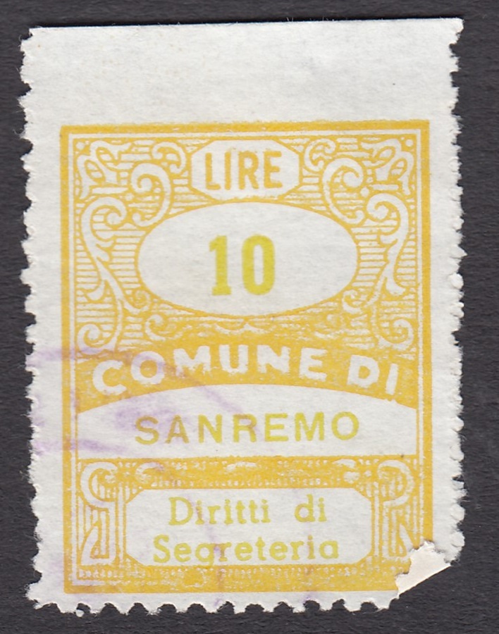 Marca da Bollo del Comune di SANREMO su Carta Bianca Sottile di dimensioni 22 x 28 mm