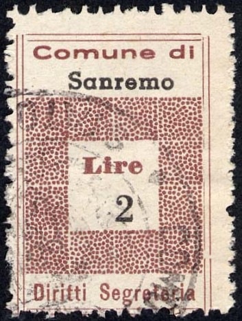 Marca da Bollo del Comune di SANREMO su Carta Bianca Sottile di dimensioni 20 x 29 mm