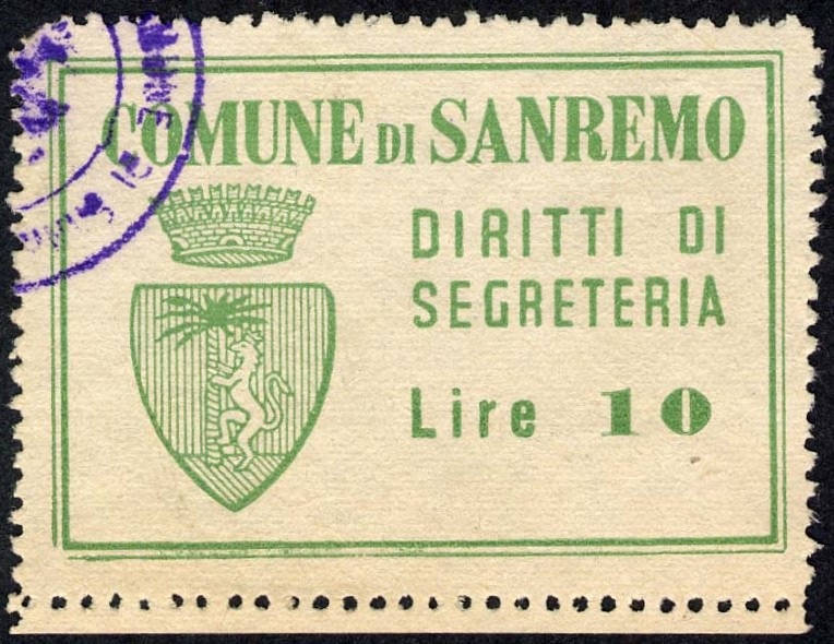 Marca da Bollo del Comune di SANREMO su Carta Bianca di dimensioni 46,5 x 32 mm