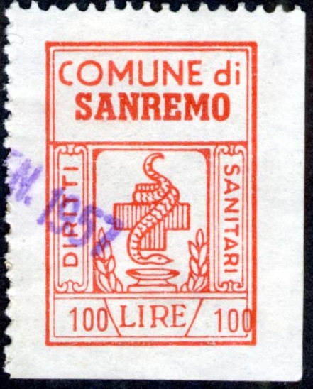 Marca da Bollo del Comune di SANREMO su Carta Bianca di dimensioni 19,5 x 28,5 mm