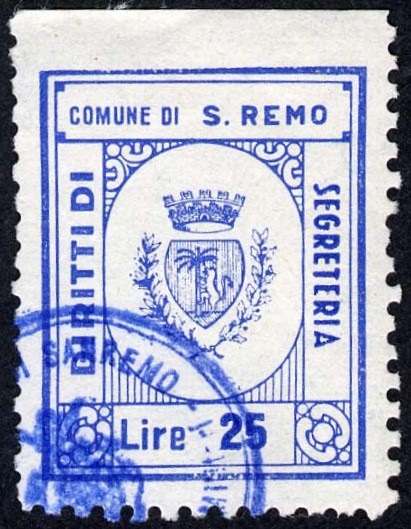 Marca da Bollo del Comune di SANREMO su Carta Bianca di dimensioni 21,5 x 28 mm