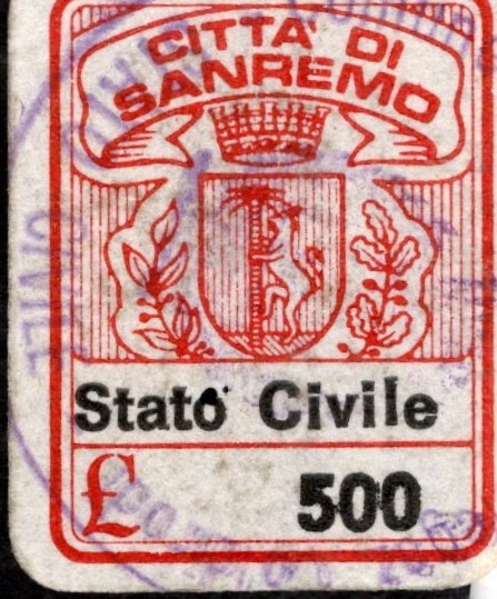 Marca da Bollo del Comune di SANREMO su Carta Bianca di dimensioni 16 x 22 mm