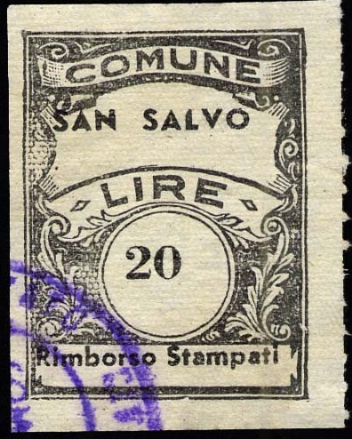 Marca da Bollo del Comune di SAN SALVO su Carta Bianca Sottile di dimensioni 22 ,5 x 29 mm