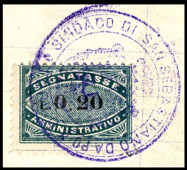 Marca da Bollo del Comune di SAN SEBASTIANO DA PO su Carta Bianca di dimensioni 25 x 18,5 mm