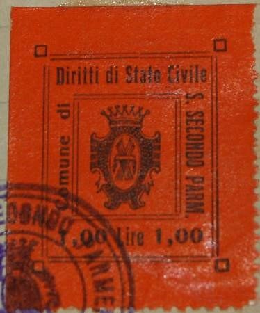 Marca da Bollo del Comune di SAN SECONDO PARMENSE su Carta Bianca di dimensioni 24,5 x 31,5 mm