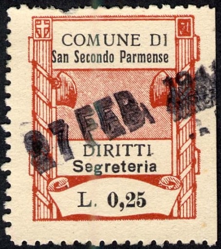 Marca da Bollo del Comune di SAN SECONDO PARMENSE su Carta Bianca di dimensioni 23 x 29 mm