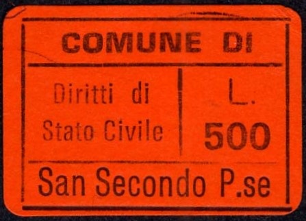 Marca da Bollo del Comune di SAN SECONDO PARMENSE su Carta Colorata di dimensioni 29 x 17 mm