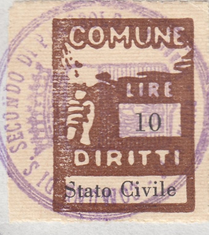 Marca da Bollo del Comune di SAN SECONDO DI PINEROLO su Carta Bianca di dimensioni 18 X 25,5 mm