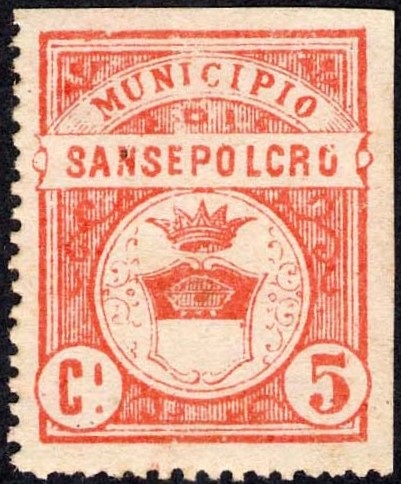 Marca da Bollo del Comune di SANSEPOLCRO su Carta Colorata di dimensioni 23 x 28,5 mm