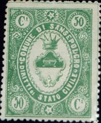 Marca da Bollo del Comune di SANSEPOLCRO su Carta Colorata di dimensioni 23 x 27 mm