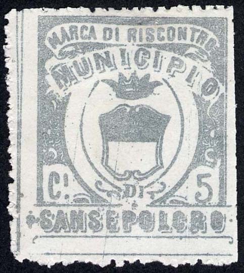 Marca da Bollo del Comune di SANSEPOLCRO su Carta Bianca Sottile di dimensioni 28 x 31 mm