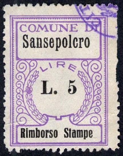 Marca da Bollo del Comune di SANSEPOLCRO su Carta Bianca di dimensioni 21 X 27 mm