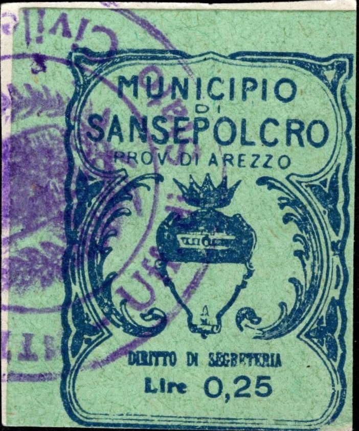 Marca da Bollo del Comune di SANSEPOLCRO su Carta Colorata di dimensioni 23 x 30,5 mm