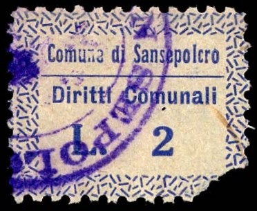Marca da Bollo del Comune di SANSEPOLCRO su Carta Bianca Sottile di dimensioni 21 x 18 mm
