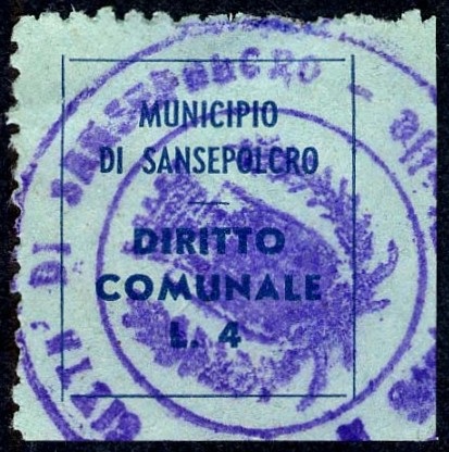 Marca da Bollo del Comune di SANSEPOLCRO su Carta Colorata di dimensioni 19 x 22 mm