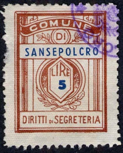 Marca da Bollo del Comune di SANSEPOLCRO su Carta Bianca Sottile di dimensioni 21 x 27,5 mm