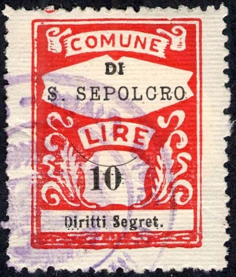 Marca da Bollo del Comune di SANSEPOLCRO su Carta Bianca di dimensioni 22,5 x 28,5 mm