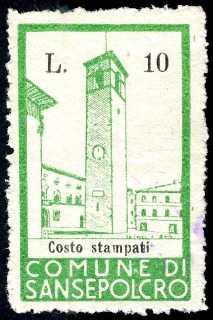 Marca da Bollo del Comune di SANSEPOLCRO su Carta Bianca di dimensioni 23,5 x 38,5 mm