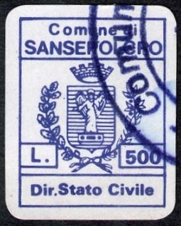 Marca da Bollo del Comune di SANSEPOLCRO su Carta Bianca di dimensioni 14 x 18,5 mm