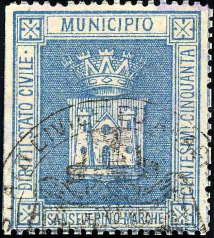 Marca da Bollo del Comune di SAN SEVERINO MARCHE su Carta Bianca Sottile di dimensioni 26,5 x 31 mm