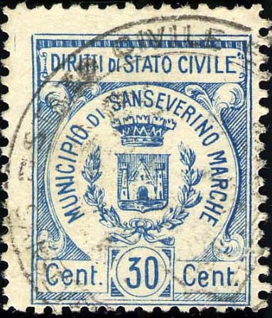 Marca da Bollo del Comune di SAN SEVERINO MARCHE su Carta Bianca di dimensioni 25 x 30 mm