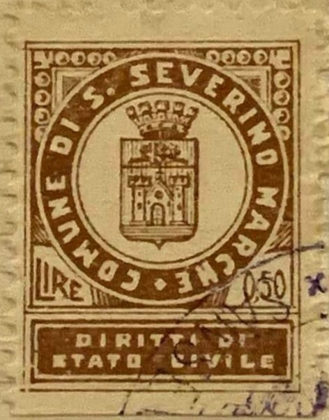 Marca da Bollo del Comune di SAN SEVERINO MARCHE su Carta Bianca di dimensioni 24 x 30 mm