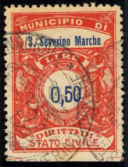 Marca da Bollo del Comune di SAN SEVERINO MARCHE su Carta Bianca di dimensioni 25,5 x 34 mm
