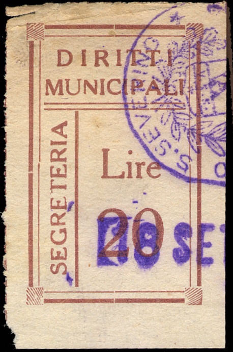 Marca da Bollo del Comune di SAN SEVERINO MARCHE su Carta Bianca di dimensioni 21,5 x 35 mm