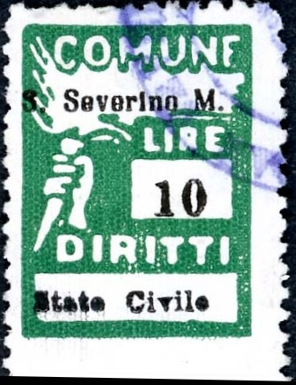 Marca da Bollo del Comune di SAN SEVERINO MARCHE su Carta Bianca di dimensioni 17,5 x 24 mm