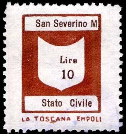 Marca da Bollo del Comune di SAN SEVERINO MARCHE su Carta Bianca di dimensioni 17,5 x 24 mm