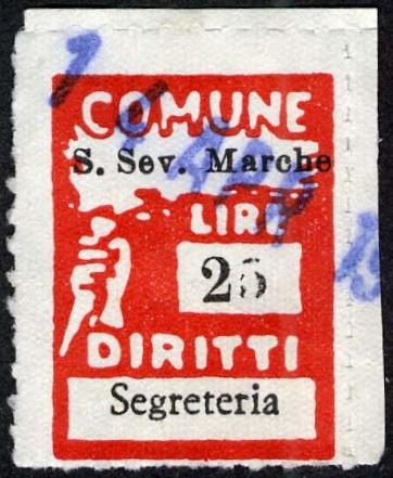 Marca da Bollo del Comune di SAN SEVERINO MARCHE su Carta Bianca di dimensioni 18,5 x 26 mm