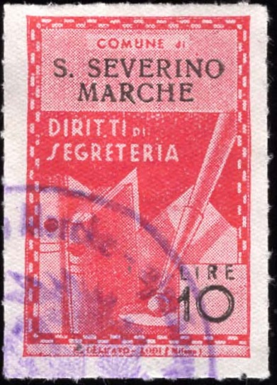 Marca da Bollo del Comune di SAN SEVERINO MARCHE su Carta Bianca Sottile di dimensioni 21 X 32 mm