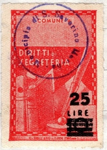 Marca da Bollo del Comune di SAN SEVERINO MARCHE su Carta Bianca Sottile di dimensioni 21 X 32 mm