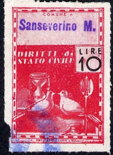 Marca da Bollo del Comune di SAN SEVERINO MARCHE su Carta Bianca di dimensioni 21,5 x 32 mm