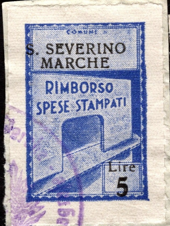 Marca da Bollo del Comune di SAN SEVERINO MARCHE su Carta Bianca di dimensioni 19,5 x 28,5 mm