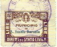 Marca da Bollo del Comune di SAN SOSSIO BARONIA su Carta Bianca Sottile di dimensioni 35 x 25,5 mm