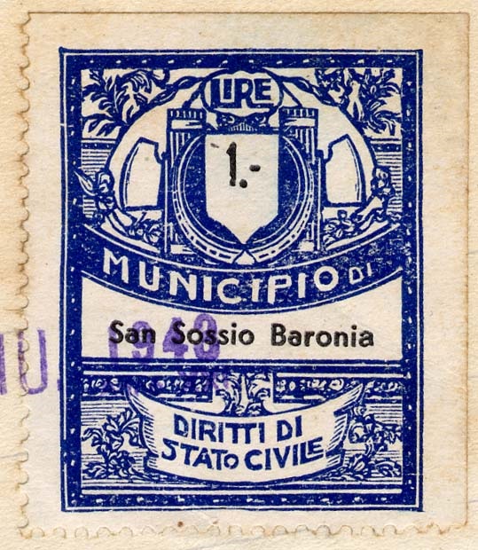 Marca da Bollo del Comune di SAN SOSSIO BARONIA su Carta Bianca di dimensioni 22 x 28 mm