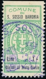 Marca da Bollo del Comune di SAN SOSSIO BARONIA su Carta Bianca Sottile di dimensioni 18 x 33 mm