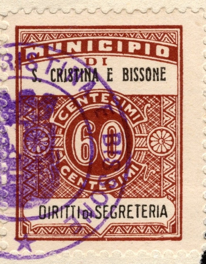 Marca da Bollo del Comune di SANTA CRISTINA E BISSONE su Carta Bianca di dimensioni 22,5 x 29 mm