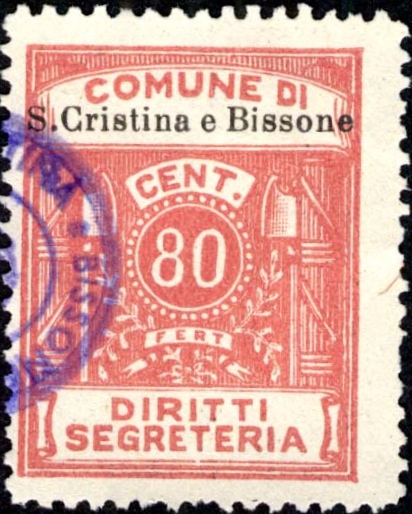 Marca da Bollo del Comune di SANTA CRISTINA E BISSONE su Carta Bianca di dimensioni 22,5 x 29 mm