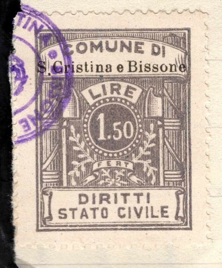 Marca da Bollo del Comune di SANTA CRISTINA E BISSONE su Carta Bianca di dimensioni 22,5 x 30 mm
