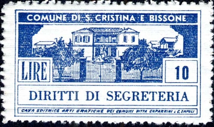 Marca da Bollo del Comune di SANTA CRISTINA E BISSONE su Carta Bianca Sottile di dimensioni 42 x 24,5 mm