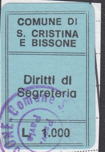 Marca da Bollo del Comune di SANTA CRISTINA E BISSONE su Carta Colorata di dimensioni 19 x 31 mm