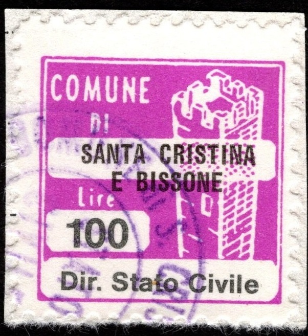 Marca da Bollo del Comune di SANTA CRISTINA E BISSONE su Carta Bianca di dimensioni 22 x 22 mm