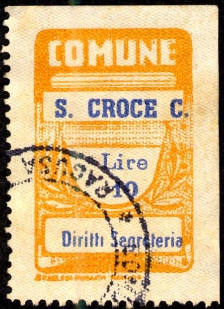 Marca da Bollo del Comune di SANTA CROCE CAMERINA su Carta Bianca di dimensioni 21,5 x 33,5 mm