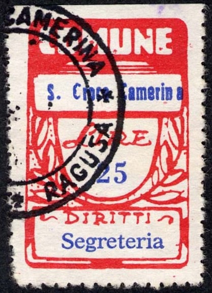 Marca da Bollo del Comune di SANTA CROCE CAMERINA su Carta Bianca di dimensioni 21 X 33,5 mm